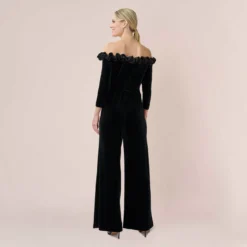 Adrianna Papell Off-The-Shoulder Velvet Blouson Jumpsuit With Satin Rosettes In Black -Cheap Vesta Gleam Store AP1E210067 AA002 Regular Back