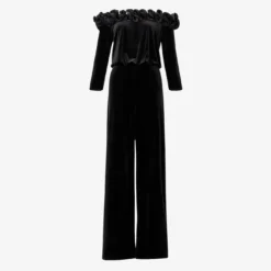 Adrianna Papell Off-The-Shoulder Velvet Blouson Jumpsuit With Satin Rosettes In Black -Cheap Vesta Gleam Store AP1E210067 AA002 Regular Flat