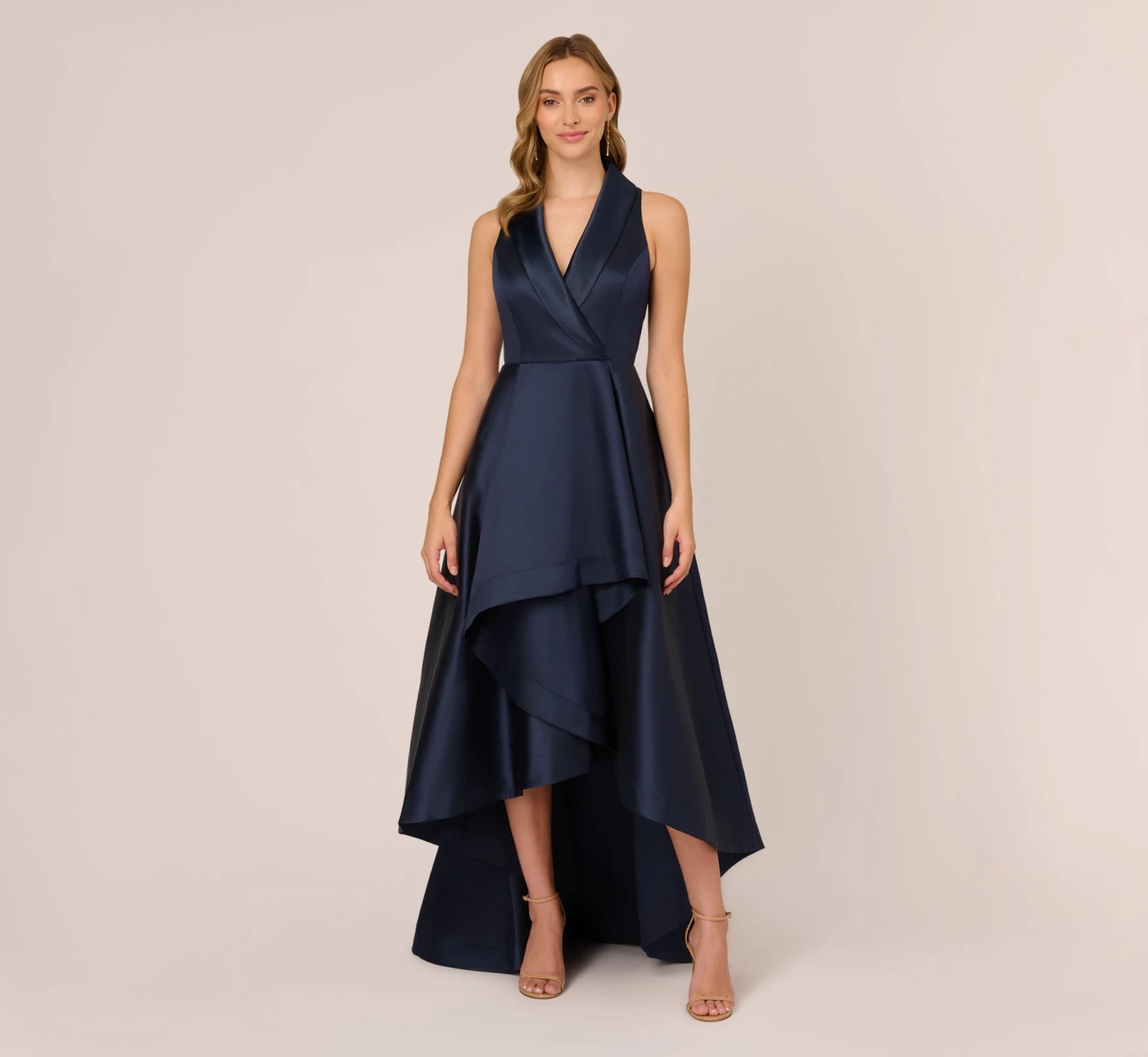 Adrianna Papell Mikado High/Low Midi-Length Tuxedo Gown In Midnight
