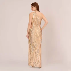 Adrianna Papell One Shoulder Abstract Sequin Gown In Champagne Gold Multi -Cheap Vesta Gleam Store AP1E210092 AR298 Regular Back