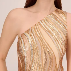 Adrianna Papell One Shoulder Abstract Sequin Gown In Champagne Gold Multi -Cheap Vesta Gleam Store AP1E210092 AR298 Regular Detail