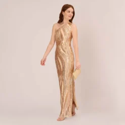 Adrianna Papell One Shoulder Abstract Sequin Gown In Champagne Gold Multi -Cheap Vesta Gleam Store AP1E210092 AR298 Regular Side