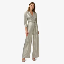 Adrianna Papell Foiled Stretch Jersey Tuxedo Jumpsuit In Light Gold