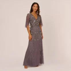 Adrianna Papell Sequin Beaded Gown With Sheer Cape Sleeves In Moonscape