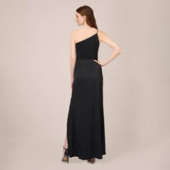 Adrianna Papell Satin Crepe One-Shoulder Long Gown In Black -Cheap Vesta Gleam Store AP1E210135 AA002 Regular Back