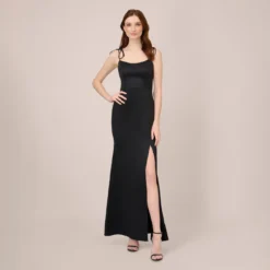 Adrianna Papell Satin Crepe Long Gown In Black