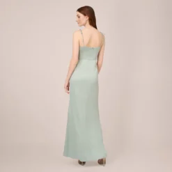 Adrianna Papell Satin Crepe Long Gown In Willow -Cheap Vesta Gleam Store AP1E210154 AC057 Regular Back