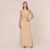 Adrianna Papell Hand-Beaded Halter Blouson Long Gown In Nude