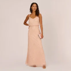Adrianna Papell Hand-Beaded Blouson Long Sleeveless Gown In Blush