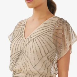 Adrianna Papell Hand-Beaded Blouson Long Gown With Flutter Sleeves In Nude -Cheap Vesta Gleam Store AP1E210159 AB267 Regular Detail