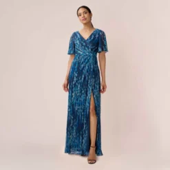 Adrianna Papell Floral-Print Metallic Crinkled Mesh Faux Wrap Long Gown In Navy Multi