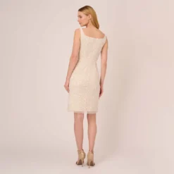 Adrianna Papell Sequin Beaded Dress With Square Neckline In Ivory Pearl -Cheap Vesta Gleam Store AP1E210204 AG105 Regular Back