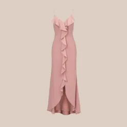 Adrianna Papell Satin Crepe Ruffle Front Long Gown In Steel Rose -Cheap Vesta Gleam Store AP1E210210 BA696 Regular Flat