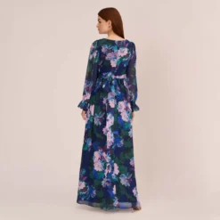 Adrianna Papell Floral-Print Long Shirred Chiffon Gown In Navy Multi -Cheap Vesta Gleam Store AP1E210216 AD411 Regular Back