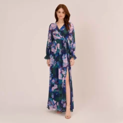 Adrianna Papell Floral-Print Long Shirred Chiffon Gown In Navy Multi