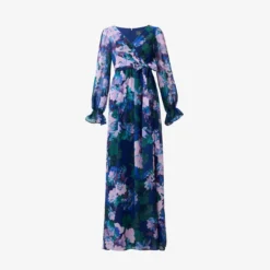 Adrianna Papell Floral-Print Long Shirred Chiffon Gown In Navy Multi -Cheap Vesta Gleam Store AP1E210216 AD411 Regular Flat