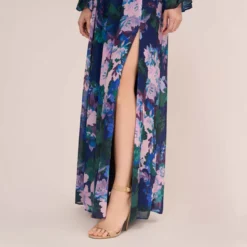 Adrianna Papell Floral-Print Long Shirred Chiffon Gown In Navy Multi -Cheap Vesta Gleam Store AP1E210216 AD411 Regular Lifestyle