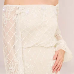 Adrianna Papell Hand-Beaded Off-The-Shoulder Blouson Short Sheath Cocktail Dress In Ivory Pearl -Cheap Vesta Gleam Store AP1E210244 AG105 Regular Detail