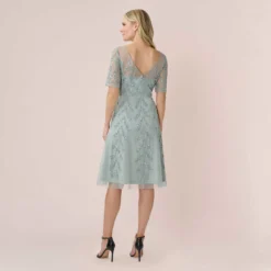 Adrianna Papell Hand-Beaded Illusion Midi-Length Fit-And-Flare Cocktail Dress In Frosted Sage -Cheap Vesta Gleam Store AP1E210245 AG484 Regular Back