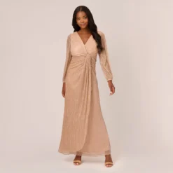 Adrianna Papell Metallic Crinkled Mesh Draped Long Gown In Light Gold