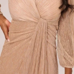 Adrianna Papell Metallic Crinkled Mesh Draped Long Gown In Light Gold -Cheap Vesta Gleam Store AP1E210265 AA267 Regular Lifestyle