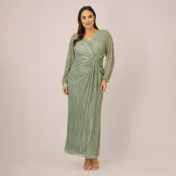 Adrianna Papell Plus Size Metallic Crinkled Mesh Draped Long Gown In Green Slate