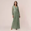Adrianna Papell Metallic Crinkled Mesh Draped Long Gown In Green Slate