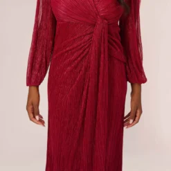 Adrianna Papell Metallic Crinkled Mesh Draped Long Gown In Scarlet -Cheap Vesta Gleam Store AP1E210265 AB614 Regular Lifestyle