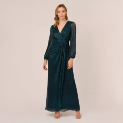 Adrianna Papell Metallic Crinkled Mesh Draped Long Gown In Teal Sapphire