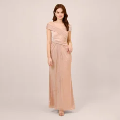 Adrianna Papell Metallic Rose Motif Off-The-Shoulder Long Gown In Rose Gold