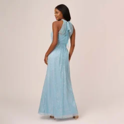 Adrianna Papell Floral Metallic Stencil Long Halter Gown In Light Blue -Cheap Vesta Gleam Store AP1E210280 AA486 Regular Back