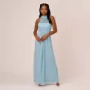 Adrianna Papell Floral Metallic Stencil Long Halter Gown In Light Blue