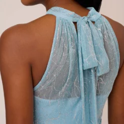 Adrianna Papell Floral Metallic Stencil Long Halter Gown In Light Blue -Cheap Vesta Gleam Store AP1E210280 AA486 Regular Lifestyle