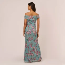 Adrianna Papell Floral Print Off The Shoulder Metallic Crinkled Mesh Long Gown In Aqua Multi -Cheap Vesta Gleam Store AP1E210282 BZ980 Regular Back