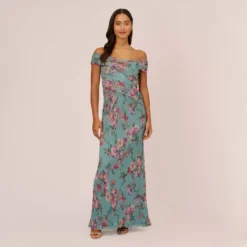 Adrianna Papell Floral Print Off The Shoulder Metallic Crinkled Mesh Long Gown In Aqua Multi