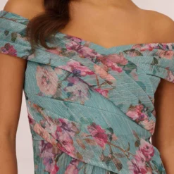 Adrianna Papell Floral Print Off The Shoulder Metallic Crinkled Mesh Long Gown In Aqua Multi -Cheap Vesta Gleam Store AP1E210282 BZ980 Regular Lifestyle