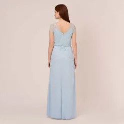 Adrianna Papell Hand-Beaded Illusion Long Blouson Gown In Elegant Sky -Cheap Vesta Gleam Store AP1E210284 AC497 Regular Back