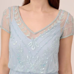 Adrianna Papell Hand-Beaded Illusion Long Blouson Gown In Elegant Sky -Cheap Vesta Gleam Store AP1E210284 AC497 Regular Detail