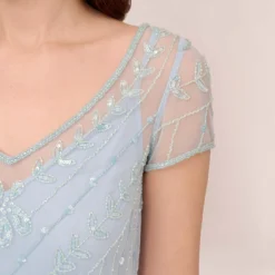 Adrianna Papell Hand-Beaded Illusion Long Blouson Gown In Elegant Sky -Cheap Vesta Gleam Store AP1E210284 AC497 Regular Lifestyle