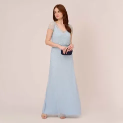 Adrianna Papell Hand-Beaded Illusion Long Blouson Gown In Elegant Sky