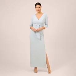 Adrianna Papell Metallic Knit Tie-Front Long Column Gown In Skyway