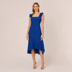 Adrianna Papell Ruffled Satin Crepe Midi-Length High/Low Cocktail Mermaid Dress In Violet Cobalt