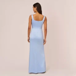Adrianna Papell Satin Crepe Mermaid Gown With Tie Waist In Blue Breeze -Cheap Vesta Gleam Store AP1E210310 AD497 Regular Back