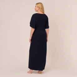 Adrianna Papell Plus Size Crepe Mermaid Gown With Pearl Trim Short Sleeves In Midnight -Cheap Vesta Gleam Store AP1E210355 AB411 Plus Back