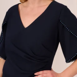 Adrianna Papell Plus Size Crepe Mermaid Gown With Pearl Trim Short Sleeves In Midnight -Cheap Vesta Gleam Store AP1E210355 AB411 Plus Detail