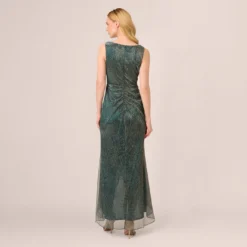Adrianna Papell Metallic Mesh Faux Wrap Gown With Ruffle Accents In Evergreen -Cheap Vesta Gleam Store AP1E210373 AC303 Regular Back
