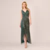 Adrianna Papell Metallic Mesh Faux Wrap Gown With Ruffle Accents In Evergreen