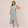 Adrianna Papell Plus Size Metallic Mesh Faux Wrap Gown With Ruffle Accents In Mint Smoke