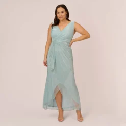 Adrianna Papell Plus Size Metallic Mesh Faux Wrap Gown With Ruffle Accents In Mint Smoke
