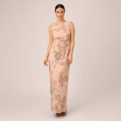 Adrianna Papell Floral Metallic Stretch Matelasse Long Column Gown In Pink Multi